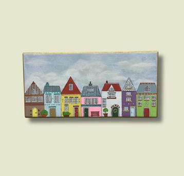 Handbeschilderd tegeltje 'Huizen'  beschikbaar voor biedingen