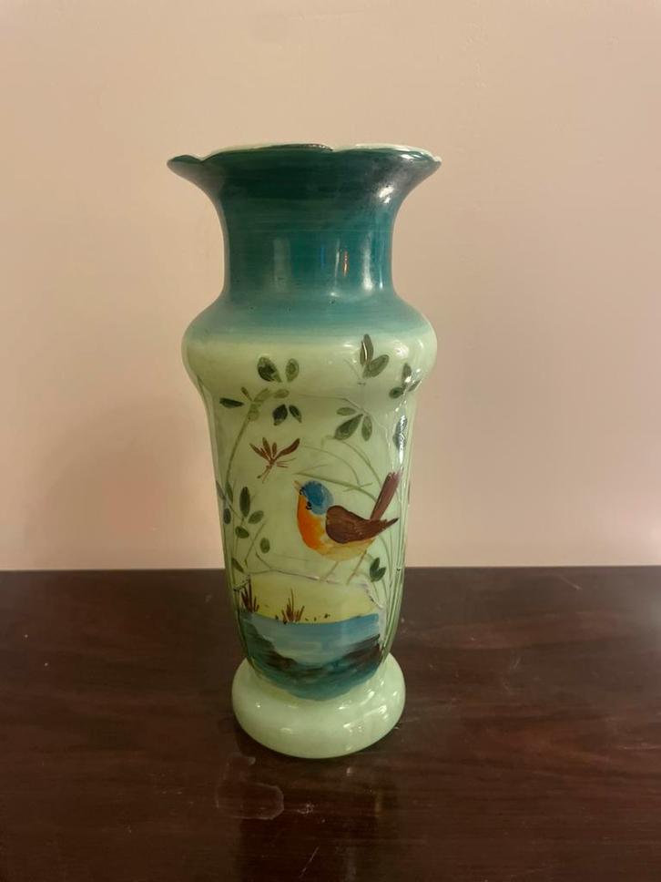 Antieke handbeschilderde vaas met vogel, genummerd, Antiek en Kunst, Antiek | Vazen, Ophalen of Verzenden