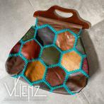 Vintage, retro leren handtas, lapjestas, kunststof handvat, Ophalen of Verzenden, Huis en Inrichting