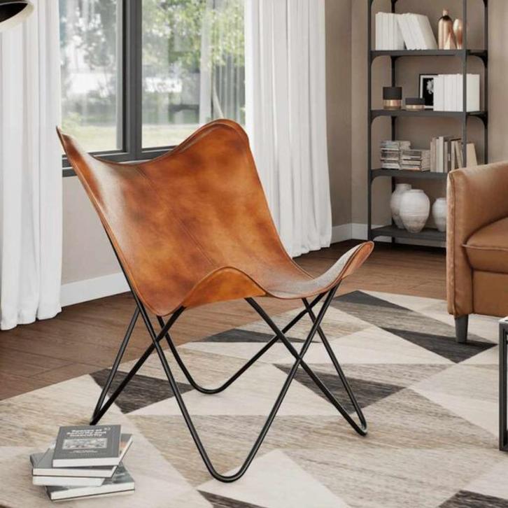 Vlinderstoel echt leer bruin, Huis en Inrichting, Stoelen, Nieuw, Eén, Leer, Bruin, Ophalen of Verzenden