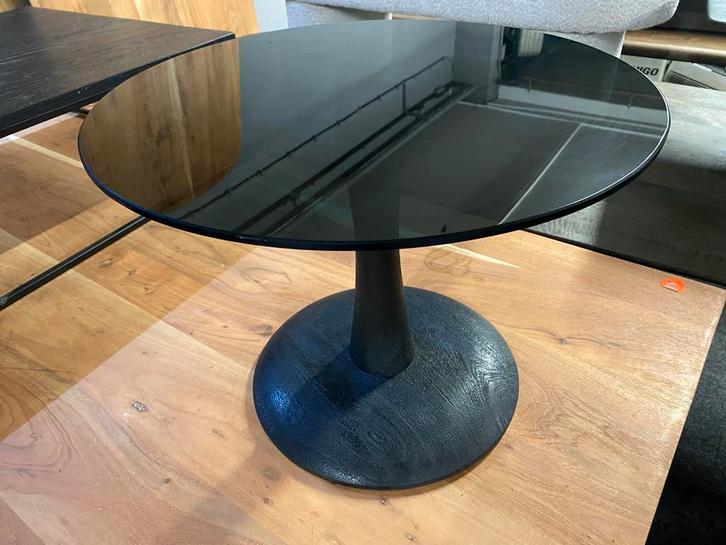 Bijzettafel Smoke Glas & Mangohout, Huis en Inrichting, Tafels | Bijzettafels, Nieuw, Rond, Minder dan 45 cm, Minder dan 55 cm