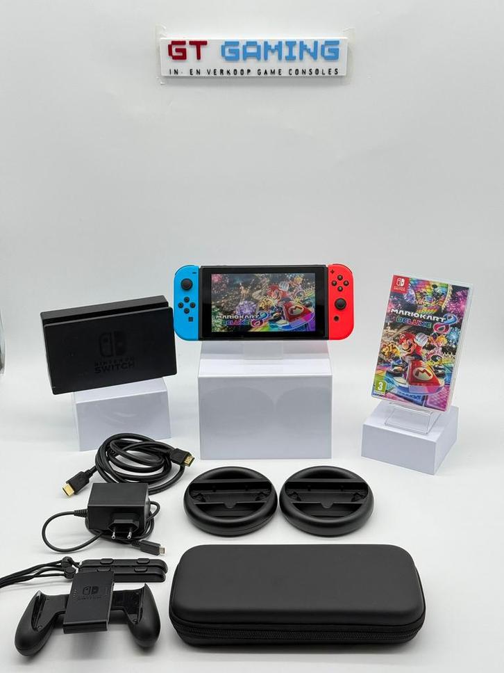 NINTENDO SWITCH NIEUW MODEL 2023 V2 MARIO KART+STUURTJES, Spelcomputers en Games, Spelcomputers | Nintendo Switch, Zo goed als nieuw