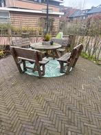 Ronde picknicktafel met parasol, Tuin en Terras, Tuinsets en Loungesets, Ophalen, Gebruikt, Eettafel, 6 zitplaatsen