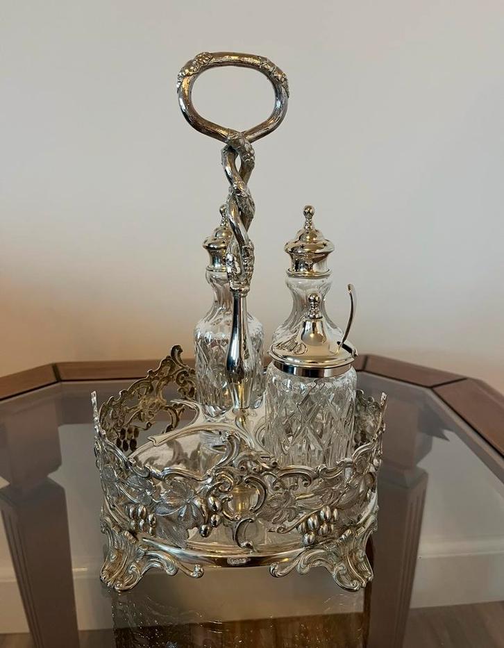 Zilveren olie- en azijnstel met kristal, Antiek en Kunst, Antiek | Goud en Zilver, Zilver, Ophalen of Verzenden