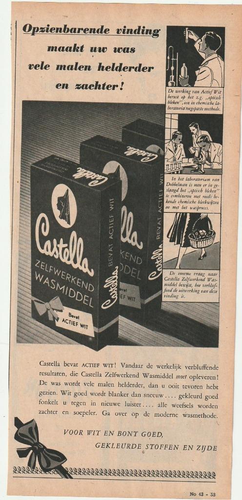 retro reclame 1949 Castella Nijmegen wasmiddel wit bont, Verzamelen, Retro, Overige typen, Verzenden