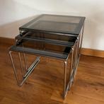 Vintage nesting tables bijzet tafels donker glas chroom, Huis en Inrichting, Tafels | Bijzettafels, Glas, Gebruikt, Ophalen