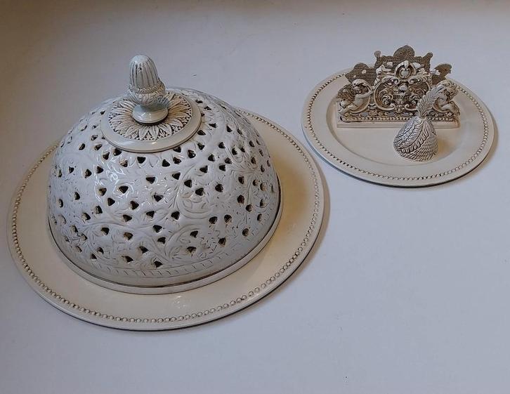 Brocant emaille serveerplateau + servethouder + belletje, Antiek en Kunst, Curiosa en Brocante, Ophalen of Verzenden