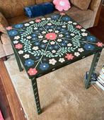 Unique folk painted floral scandinavian wooden table., Ophalen, Rechthoekig, 50 tot 100 cm