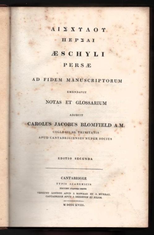 Aeschylou Persai ~ C.J. Bromfield (Trinity College) ~ 1818, Antiek en Kunst, Antiek | Boeken en Bijbels, Verzenden