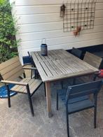 Hardhouten tafel en 3 zwarte tuinstoelen, Tuin en Terras, Ophalen, Gebruikt, Hardhout