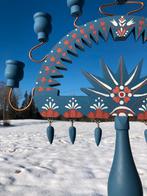 Vintage Zweedse houten kandelaar handbeschilderd uit Småland, Ophalen of Verzenden, Overige materialen