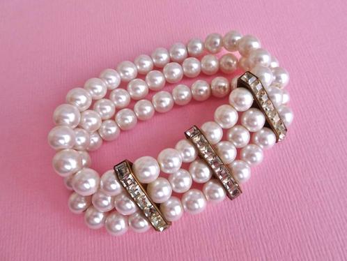 jwg Vintage 60s 70s parel glas stenen stretch armband wit, Sieraden, Tassen en Uiterlijk, Antieke sieraden, Armband, Overige materialen