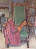 Pastelkrijt stilleven met viool boekenkast en stoel 64 x 51, Antiek en Kunst, Kunst | Schilderijen | Klassiek, Ophalen of Verzenden