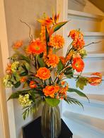 Super set oranje tinten zijde boeket bloemen Inclusief vaas, Ophalen of Verzenden, Nieuw, Binnen
