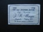 1575 Appelscha - 100 jaar Duinen Zathe 1858-1958, Verzamelen, Suikerzakjes, Nederland, Verzenden