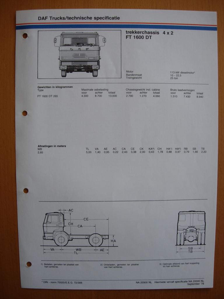 DAF FT 1600 DT Technische Specificatie folder 1978 - 4x2, Boeken, Ophalen of Verzenden, Zo goed als nieuw, Overige merken, DAF