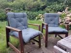 Twee tuinstoelen + kussens, Tuin en Terras, Ophalen, Gebruikt, Teakhout, Stapelbaar
