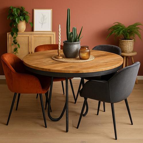 Industriële ronde eettafel van mangohout – Ø130 cm, Huis en Inrichting, Tafels | Eettafels, Gebruikt, 100 tot 150 cm, Rond, Ophalen