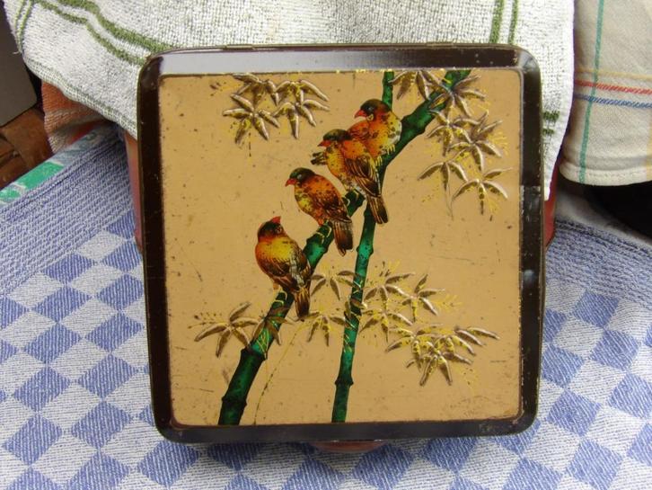 oud voorraadblik/ blik met vogels/ koffieblik/ theeblik, Verzamelen, Blikken, Gebruikt, Koffie, Overige merken, Ophalen of Verzenden