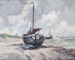 Jos van Dijk (1931-2000) - Vissersboten op het strand, Ophalen of Verzenden