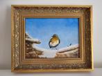 Olieverf schilderij op doek, roodborstje in de sneeuw., Ophalen of Verzenden