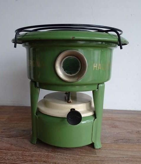 Emaille petroleumstel / oliestel Haller 1-pits reseda groen, Antiek en Kunst, Antiek | Emaille, Ophalen of Verzenden