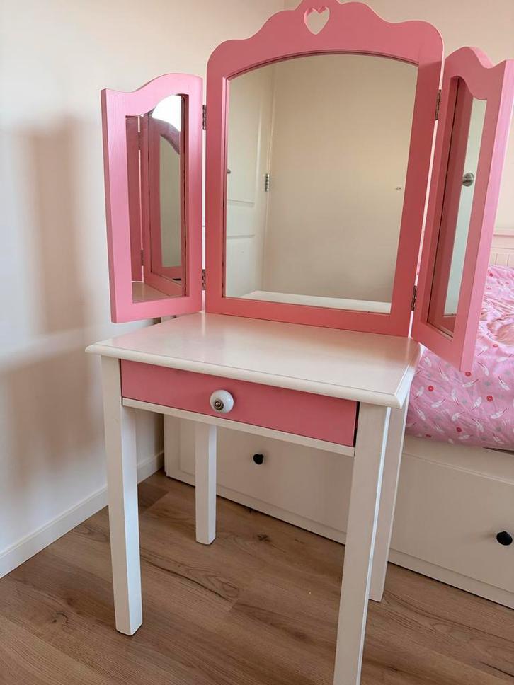 Roze/Witte Houten Kaptafel met Spiegel, Huis en Inrichting, Tafels | Kaptafels, Gebruikt, 100 tot 150 cm, 50 tot 100 cm, Hout