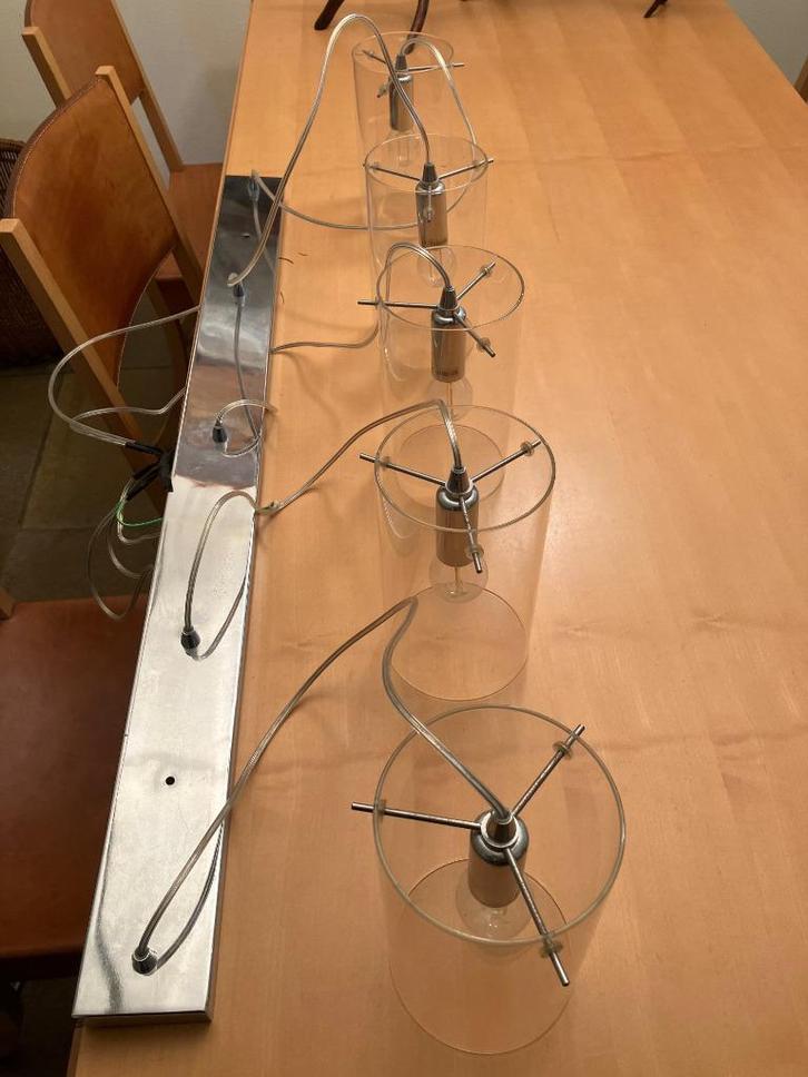 Glazen eet tafel hang lamp 5 cylinders, Huis en Inrichting, Lampen | Hanglampen, Gebruikt, Minder dan 50 cm, Glas, Metaal, Ophalen of Verzenden