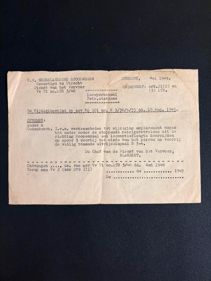Toestemming tot voorbijrijden seinpaal Oudenbosch (1949), Verzamelen, Spoorwegen en Tramwegen, Gebruikt, Trein, Ophalen of Verzenden