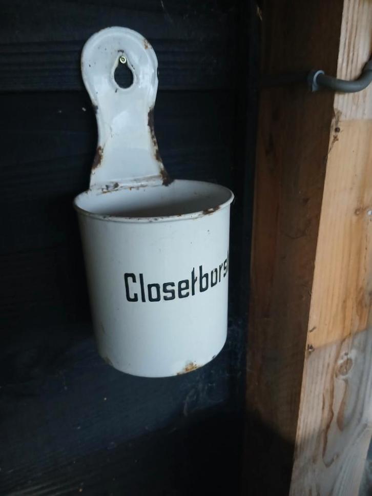 Brocante Emaille Closetborstelgarnituur - Wandmodel, Antiek en Kunst, Antiek | Emaille, Ophalen