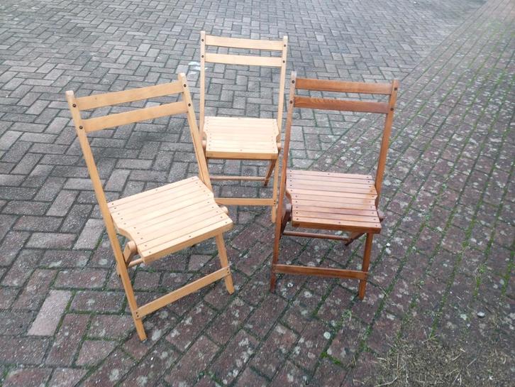 Drie jaren 50 midcentry design klapstoelen massief hout., Tuin en Terras, Tuinstoelen, Zo goed als nieuw, Hout, Ophalen of Verzenden