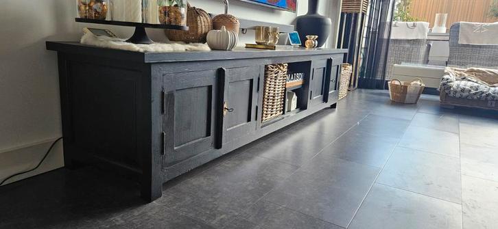 Teakhouten dressoir zwart geschilderd  220x50x50, Huis en Inrichting, Kasten | Dressoirs, Zo goed als nieuw, 25 tot 50 cm, Ophalen