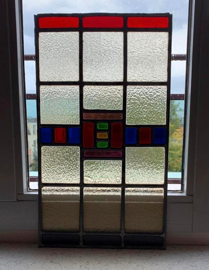 Art Deco glas in lood voorzetraam Amsterdamse School, Antiek en Kunst, Curiosa en Brocante, Ophalen of Verzenden