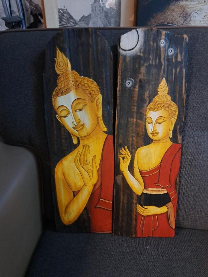 Boeddha Tekening op Houten Plank, Antiek en Kunst, Kunst | Niet-Westerse kunst, Ophalen