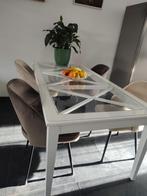 Eettafel van wit pijnboomhout en gehard glas 8 personen L180, Ophalen, Gebruikt, Glas, 50 tot 100 cm