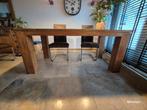 Teakhouten eettafel met glasplaat en stoelen, Huis en Inrichting, Ophalen, Gebruikt, Teakhout, 200 cm of meer