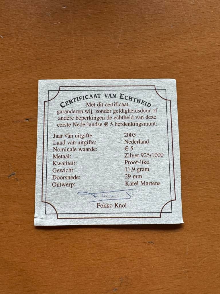 Van Gogh Vijfje 2003 - Herdenkingsmunt incl. Certificaat, Postzegels en Munten, Koningin Beatrix, Zilver, Euro's, Ophalen of Verzenden
