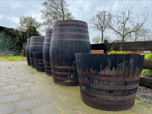 Grote eiken bloembakken half wijnvat palmboom vijgenboom, Tuin en Terras, Bloembakken en Plantenbakken, Zo goed als nieuw, Hout