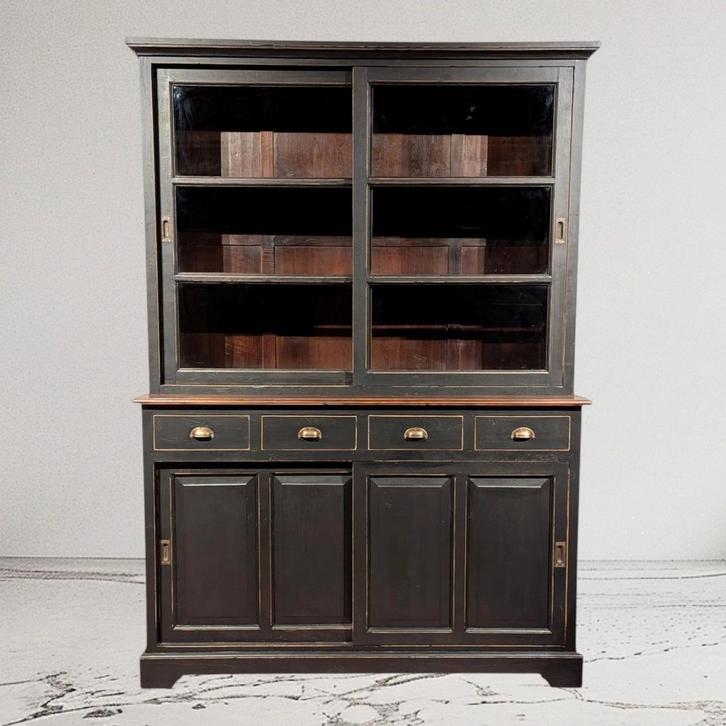Buffetkast zwart teakhout – Landelijke vitrinekast met schui, Huis en Inrichting, Kasten | Buffetkasten, Zo goed als nieuw, 200 cm of meer