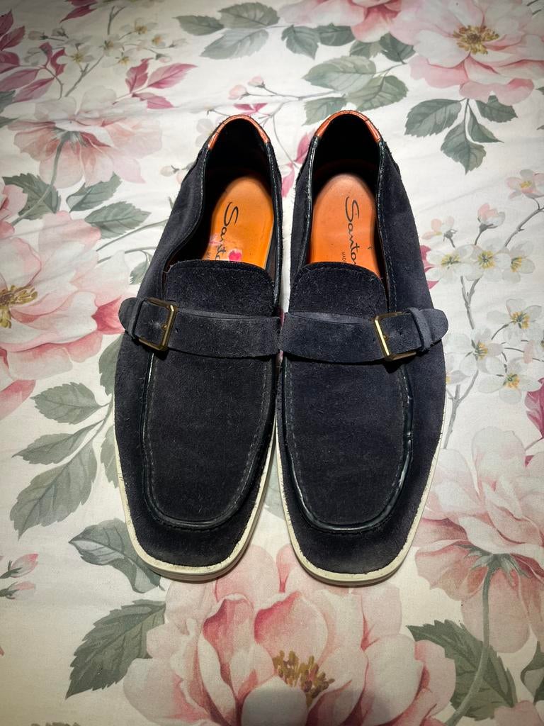 Santoni Instappers Donkerblauw Suede mt uk7, Loafers, Zo goed als nieuw, Verzenden, Blauw