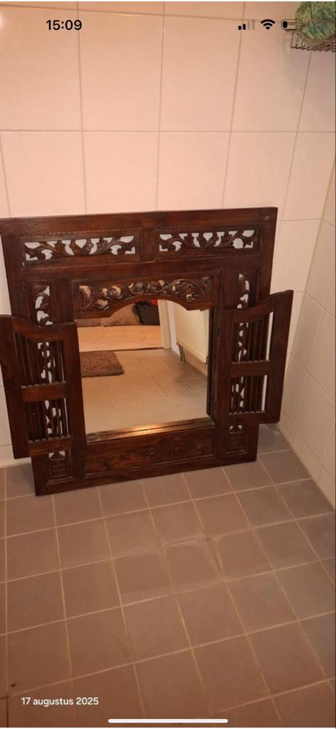 Houten spiegel met luiken, Huis en Inrichting, Woonaccessoires | Spiegels, Gebruikt, 75 tot 100 cm, 100 tot 150 cm, Rechthoekig
