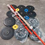 Olympische Bumper en Atx plates set + Olympische barbells, Sport en Fitness, Ophalen, Zo goed als nieuw