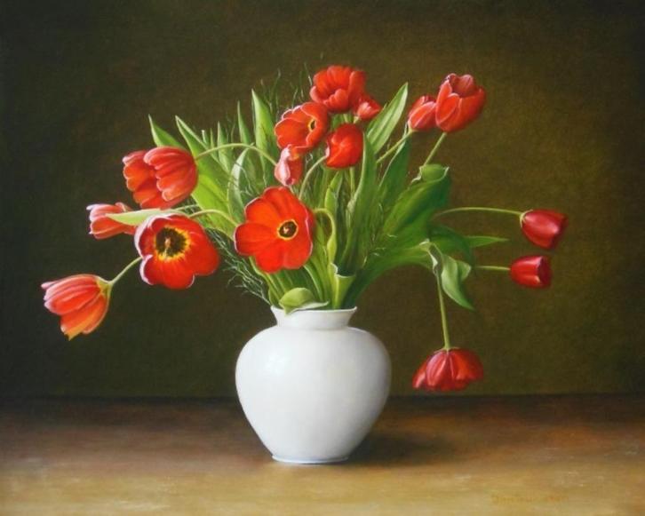 Kunsthandel Gennep -"Rode Tulpen In Witte Vaas", Antiek en Kunst, Kunst | Schilderijen | Modern, Ophalen of Verzenden