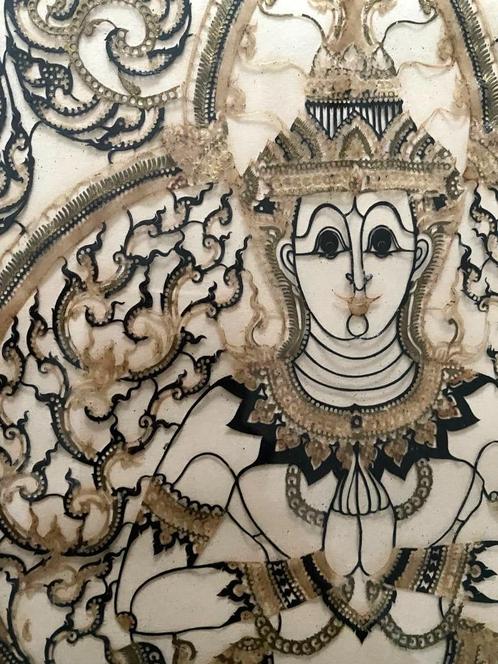 Buddha Thailand handsnijwerk uit leer/stof, , in lijst, Huis en Inrichting, Woonaccessoires | Boeddhabeelden, Zo goed als nieuw