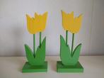Set van 2 houten tulpen geel, dubbele tulp op standaard, Huis en Inrichting, Woonaccessoires | Kunstplanten en Kunstbloemen, Ophalen of Verzenden