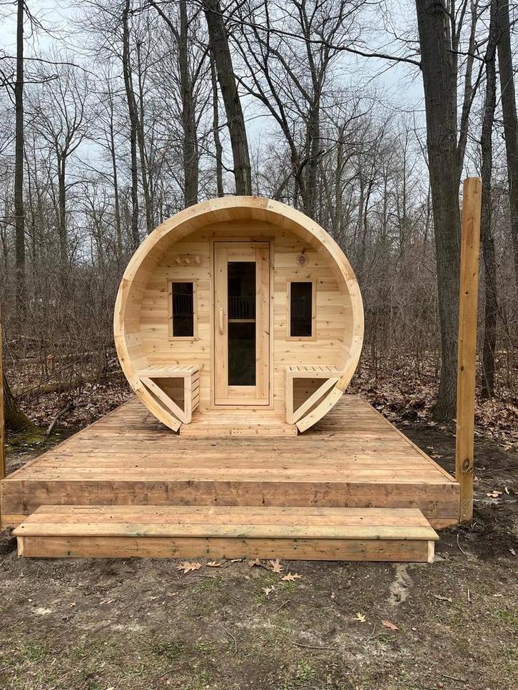Red cedar "Schooner" buiten barrel sauna ook in thermowood, Sport en Fitness, Sauna, Nieuw, Complete sauna, Fins of Traditioneel