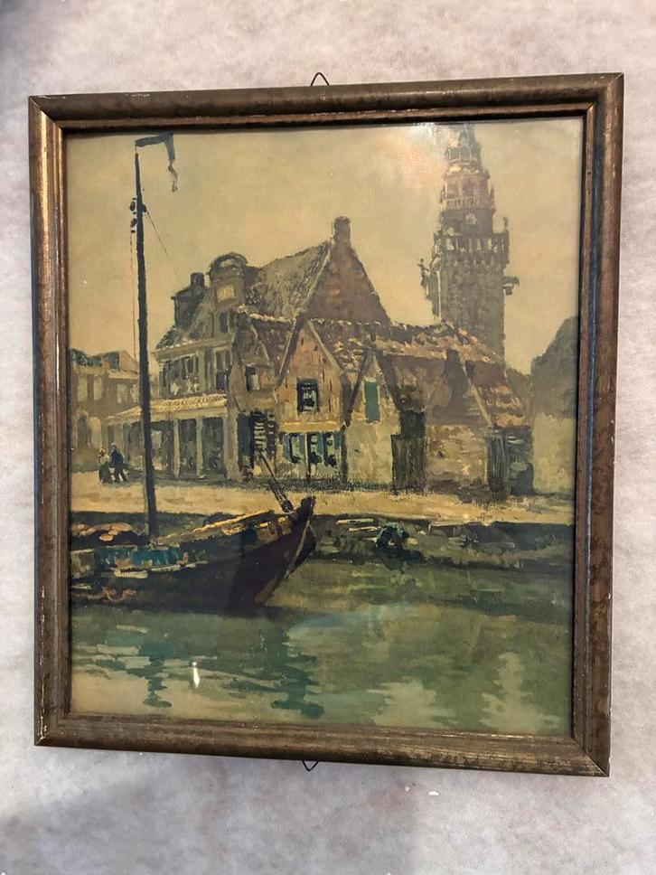 Schilderij: Monnickendam aan kade met boot, Antiek en Kunst, Kunst | Schilderijen | Klassiek, Ophalen of Verzenden