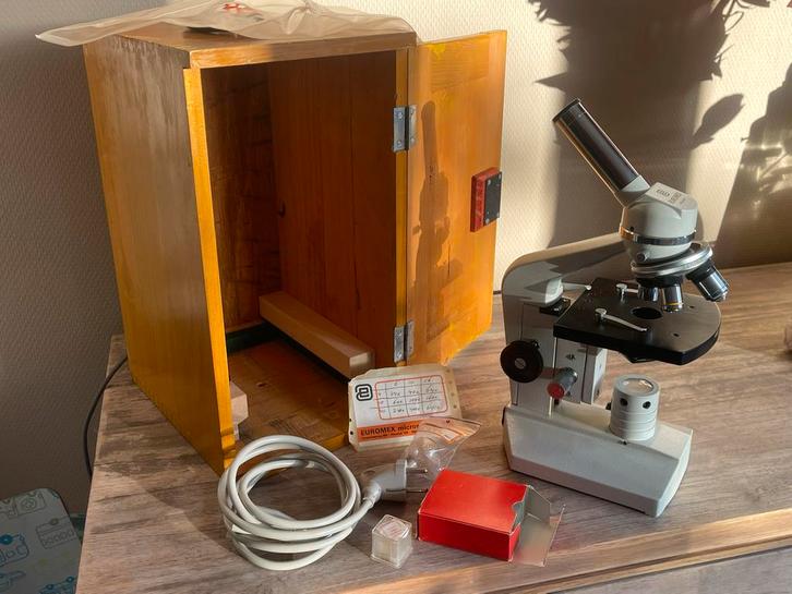 Euromex Microscoop met houten kist, Audio, Tv en Foto, Optische apparatuur | Microscopen, Gebruikt, Biologische microscoop, 400x tot 1000x