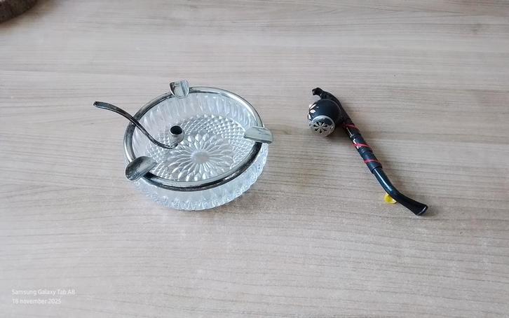 Vintage Asbak kristal/zilver& Pijp houtsnijwerk (oosterijks), Verzamelen, Rookartikelen, Aanstekers en Luciferdoosjes, Gebruikt