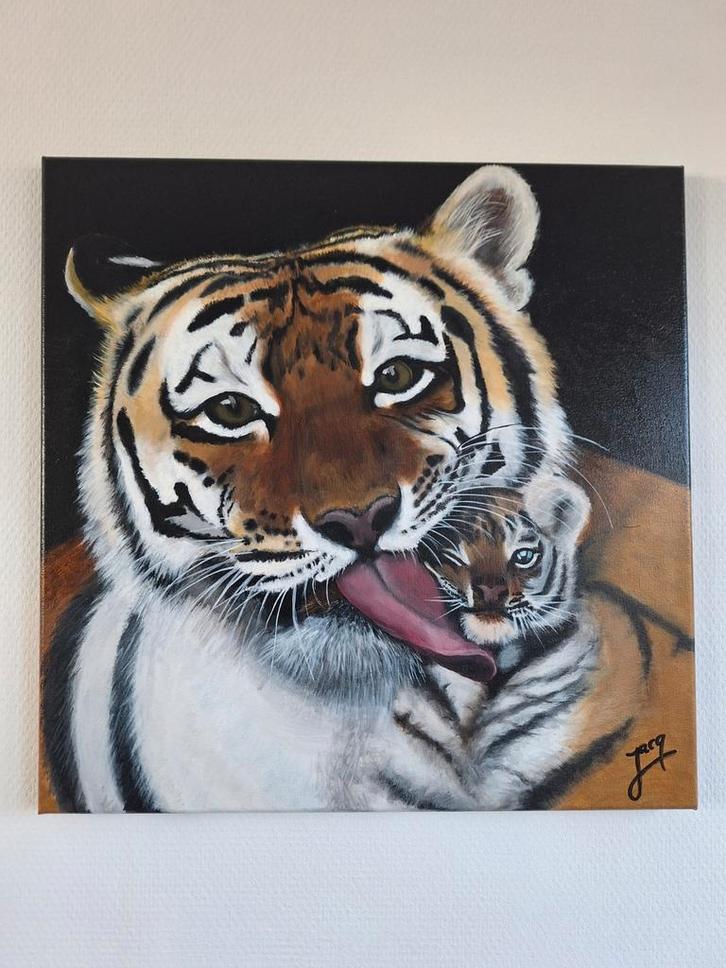 Acrylverfschilderij Tijger 50x50cm, Antiek en Kunst, Kunst | Schilderijen | Modern, Ophalen of Verzenden